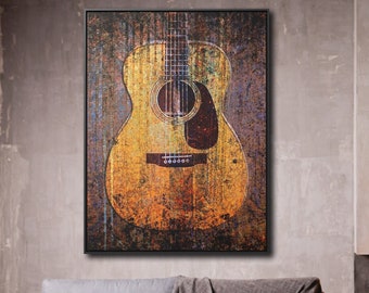Gift for Guitarists and Musicians - Acoustic Guitar Printed on Stretched Rectangular Canvas in a Black Floating Frame