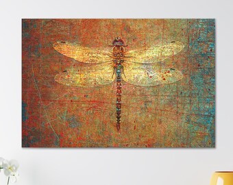 Dragonfly Themed Wall Art, Golden Dragonfly on Distressed Orange and Green Background Print on Canvas