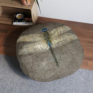 Home Decor Gifts - Dragonfly on Distressed Stone Background Print on 2 Sided Round Tufted Floor Pillow.