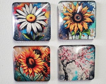 Collectible Decorative Magnets, Cubicle Decor, Set of 4 Medium Size Acrylic Magnets, The Flowers Collection