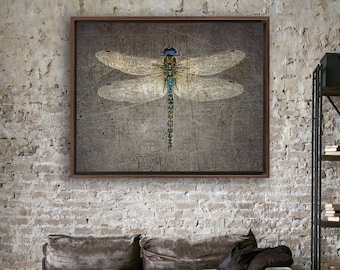 Dragonfly Themed Framed Wall Art, Dragonfly on Distressed Stone Background Print on Rectangular Canvas in a Floating Frame