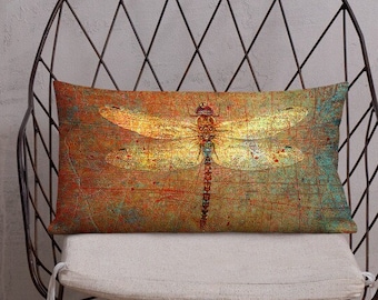 Double Sided Dragonflies Themed Premium Lumbar Pillow 20x12 - Golden Dragonflies on Orange and Green Background Print