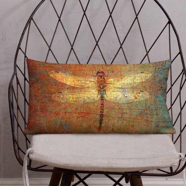 Double Sided Dragonflies Themed Premium Lumbar Pillow 20x12 - Golden Dragonflies on Orange and Green Background Print