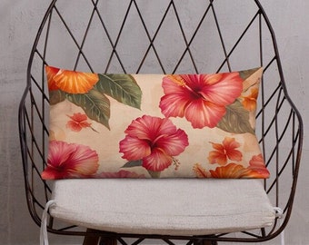 Premium Tropical Themed Lumbar Pillow 20x12 Pink and Orange Hibiscus Flowers Print