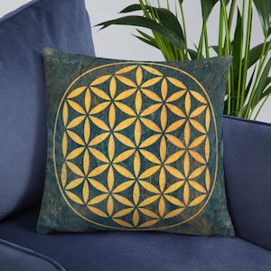 Gold flower of life on Slate Print Square Throw Pillow, Sacred Geometry Themed Home Decor