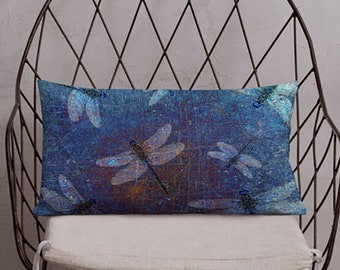 Dragonfly Themed Premium Lumbar Pillow 20x12, Dragonflies on Distressed Blue Background Print