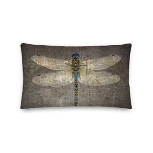Premium Double Sided Lumbar Pillow 20x12 - Dragonfly on Distressed Grey Background front view