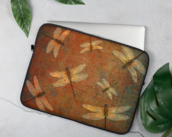 Golden Dragonflies on Orange and Green Background Laptop and Tablet Sleeve Bag