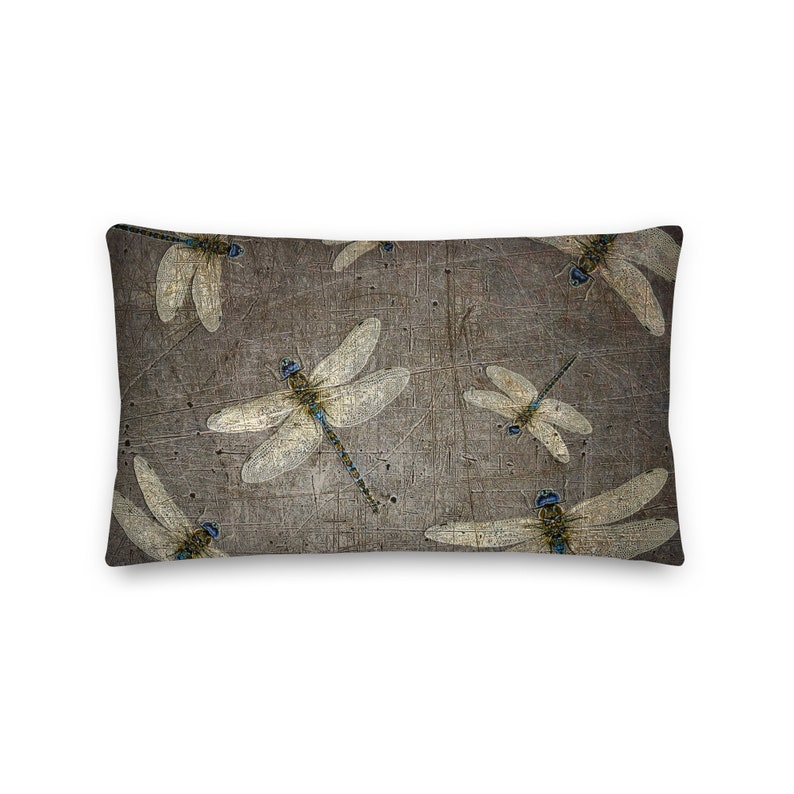 Premium Double Sided Lumbar Pillow 20x12 - Dragonfly on Distressed Grey Background back view