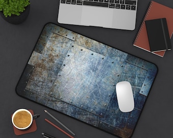 Industrial Themed Desk Accessories - Distressed, Blued Steel Sheets Print on Neoprene Desk Mat