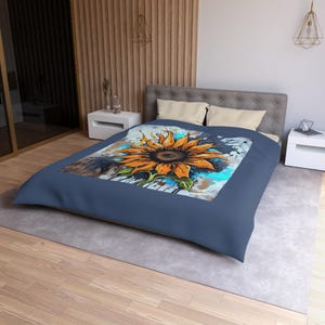 Floral Print Bedding, SunFlower Street Art Style Microfiber Duvet Cover, Twin, Queen or King Size