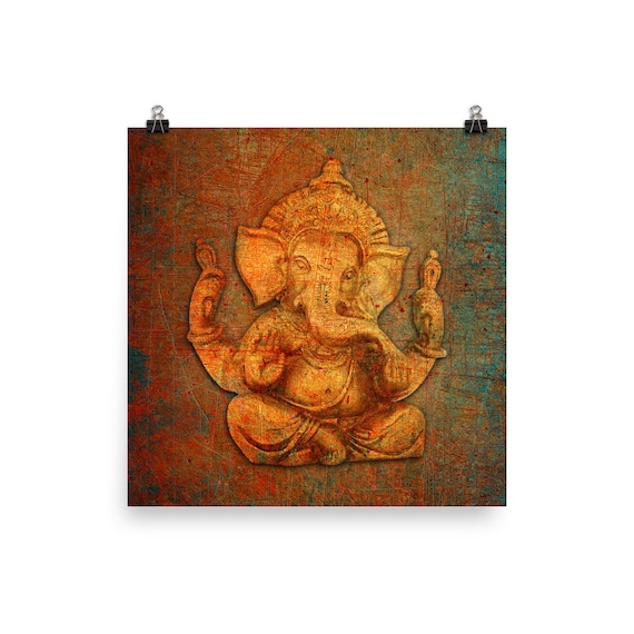 Elephant God Art Work, Gold Ganesh on Distressed Stone Museum-quality Art Print