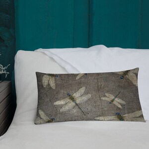Premium Double Sided Lumbar Pillow 20x12 - Dragonfly on Distressed Grey Background on bed back view