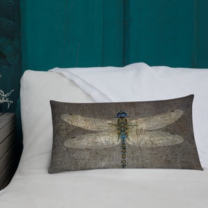 Premium Double Sided Lumbar Pillow 20x12 - Dragonfly on Distressed Grey Background on bed front view