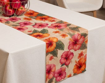 Tropical Table Top and Dining Room Decor, Pink and Orange Hibiscus Flowers Print Table Runner