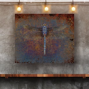 Gift for Dragonflies Lover, Dragonfly on a Distressed Multicolor Background Printed on Recycled Aluminum