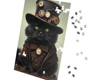 Black Cat Themed Jigsaw Puzzle - Phineas the Black Cat with Top Hat in Steampunk Clothing Puzzle - 500 or 1000 pieces puzzle