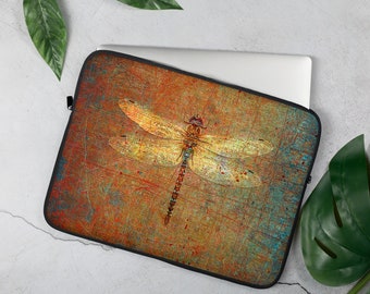 Golden Dragonfly on Orange and Green Background Print on Laptop Sleeve, Gift for Techie and Dragonfly lover.