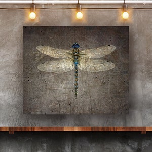 Dragonflies Print on Metal, Dragonfly on Distressed Stone Background Printed on Rectangular Eco Friendly Recycled Aluminum