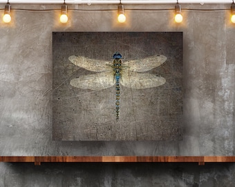 Dragonflies Print on Metal, Dragonfly on Distressed Stone Background Printed on Rectangular Eco Friendly Recycled Aluminum