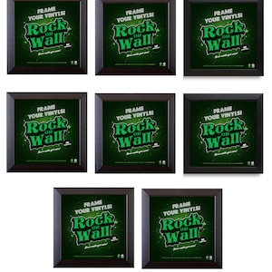 May include: Seven framed art prints with the text "FRAME YOUR VINYLS! Rock or Wall". The artwork features a green and white design on a dark green background. The frames are dark brown.