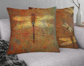 Large Throw Pillow Golden Dragonfly on Distressed Brown Background Print - Dragonfly Themed Home Decor