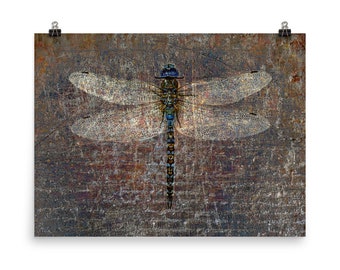 Nature and Dragonflies Themed Art Print - Dragonfly on Distressed Bricks Purple and Blue Filters - Museum-quality Art Print - Rectangular