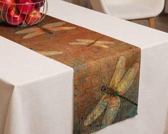 Dragonfly Themed Home and Table Decor, Golden Dragonflies on Orange and Green Background Table runner