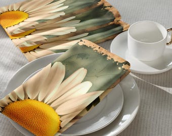 Set of 4 Cloth Napkin Daisy Sepia Style Print, Boho Table Decor