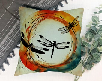 Dragonflies Silhouettes in a colorful Enso circle print on Polyester Square Pillow - 3 sizes available.