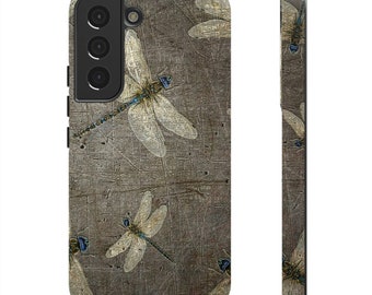 Dragonfly Print Tough Case for Samsung Galaxy S21 and S22 Phone - Flight of Dragonflies on Distressed Gray Stone Print.