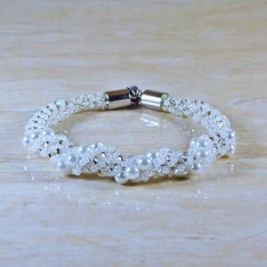 White glass pearls and glass beads bracelet. Russian spiral stitch.