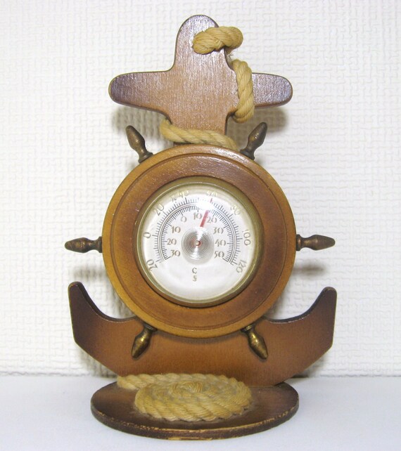 Vintage Wooden Ship S Anchor Wheel Thermometer Nautical Etsy