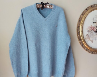 Vintage 100% Lambswool Sweater, Blue Gant Wool Knitwear, Unisex Jumper, Wool V-neck Pullover, Vintage Sweaters, Grandpa Sweater, Size 2XL
