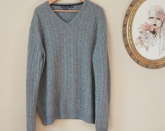 Suéter vintage ROVER & LAKES 100 % cachemira, cuello en V de punto trenzado de cachemira, jersey unisex, jersey de lana gris, jersey de lujo, talla XXL