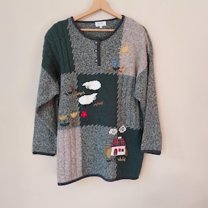 Vintage  Embroidered Wool Sweater, Unique Knitwear, Cable Knit Pullover, 80s Grandma Sweater, Blouse, Women's Unique Knit Size XL