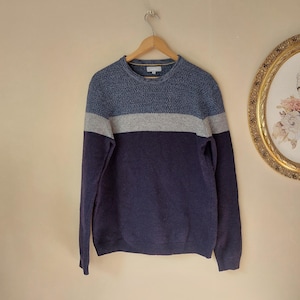 Vintage 100% lamswollen trui, blauwe MADDISON-gebreide trui, unisex trui, wollen trui, vintage truien, opa-trui, maat M