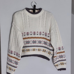 Vintage Cable Knit Cropped Sweater, Wool Knitwear Crewneck, Winter Jumper, Wool Pullover, Size L