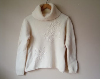 pull à col roulé brodé vintage, tricots uniques, tunique pull Angora en laine d’agneau, pull, chemisier écru, taille tricot unique pour femmes XL