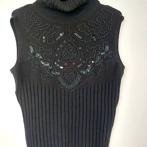 Vintage Sleeveless Sweater, Unique Knitwear, Embroidered Pullover, Turtleneck Sweater, Blouse Black Sweater, Women's Unique Knit West