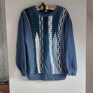 Vintage Retro Sweater, Vintage Coogi Style Knitwear, Unisex Jumper, Knit Blue Pullover, Grandpa Sweater M/L
