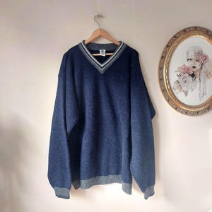 Vintage Shetland Wool Sweater, V-neck Knitwear, Unisex Jumper, Wool Pullover, Vintage Wool Sweaters,  Size XXL