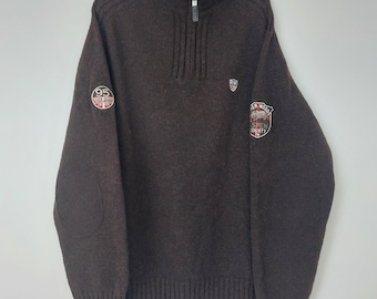 Maglione vintage in lana, maglia marrone, maglione unisex, pullover in lana d'agnello anni '80, mezza zip vintage, archivio del nonno, taglia XL