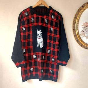 Suéter de lana bordado vintage, prenda de punto única, jersey de punto con perro, suéter de abuela de los años 80, blusa, prenda de punto única para mujer, talla L
