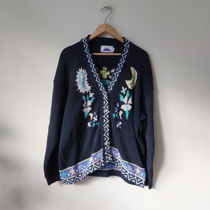 Vintage katoenen bloementrui, wollen gebreide vest, bloementrui, wollen trui, ecru trui, oma vest maat M