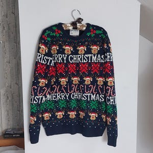 Vintage Ugly Christmas Sweater, Unique Knitwear, Navy Blue Holiday Pullover, Christmas Sweater, Xmas Jumper, Unisex Unique Knit, Size M