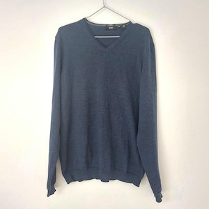 Vintage 100% Merino Wool Sweater, V-neck Knitwear, Unisex Jumper, Merino Wool Pullover, Blue Wool Sweater, Size XL Slim Fit