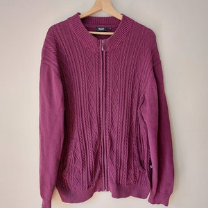 Vintage  Sweater,  Knitwear Zip Cardigan, Cable Knit Unisex Jumper, Cotton Cashmere Sweater, Grandpa Sweater, Retro XL Cardigan Burgundy