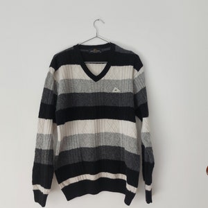 Vintage Lambswool Sweater, V-neck Woolmark Blend Monte Carlo Cable Unique Knitwear, Wool Pullover,  Knit V-neck Strips Black Grey White