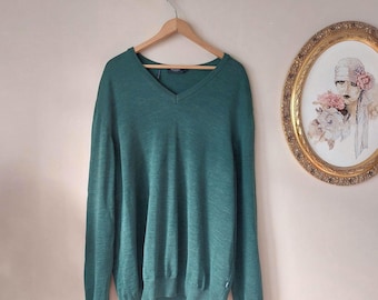 Vintage 100% Merino Wool Sweater, V-neck Knitwear, Unisex Jumper, Merino Wool Pullover, Green Wool Sweater, Size XL